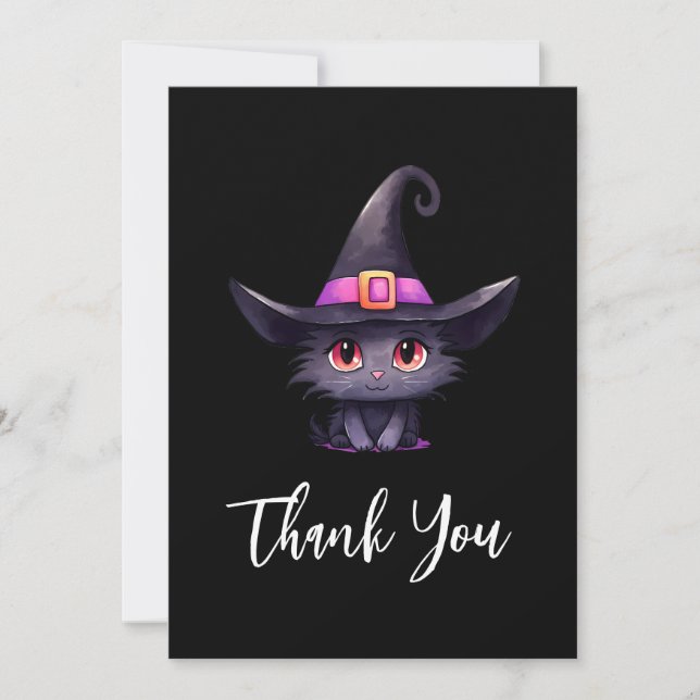 Cute Black Cat Wearing a Witch's Hat Thank You Card (Front)