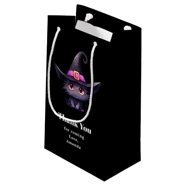 Cute Black Cat Wearing a Witch's Hat Thank You Small Gift Bag (Back Angled)