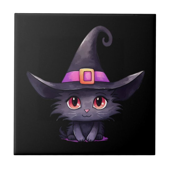 Cute Black Cat Wearing a Witch's Hat Tile (Front)