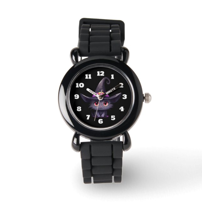 Cute Black Cat Wearing a Witch's Hat Watch (Front)