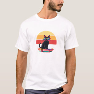 Cute black cat wearing chic glasses and skateboard T-Shirt