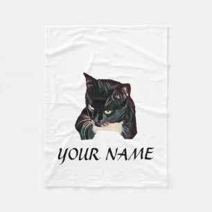 Cute Black Cat White Personalised Fleece Blanket