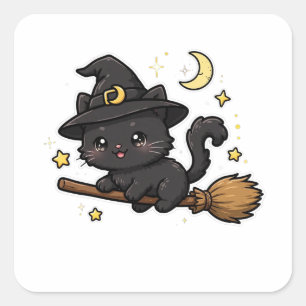 Cute Black Cat Witch Halloween Square Sticker