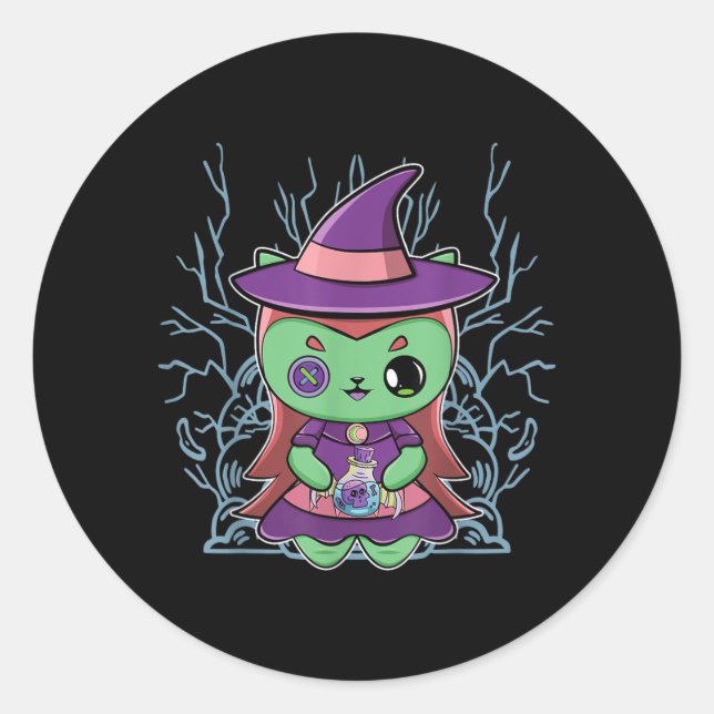 Cute Black Cat Witch Hat And Magic Potion For Classic Round Sticker (Front)
