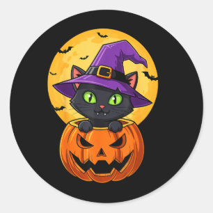 Cute Black Cat Witch Hat In Pumpkin Women Men Kids Classic Round Sticker