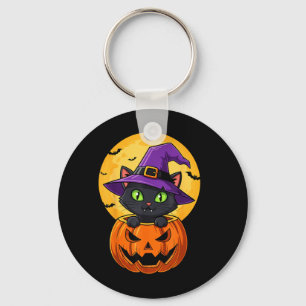 Cute Black Cat Witch Hat In Pumpkin Women Men Kids Key Ring