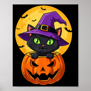 Cute Black Cat Witch Hat In Pumpkin Women Men Kids Poster