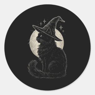 Cute Black Cat Witch Hat Moon Retro Coquette Boho Classic Round Sticker