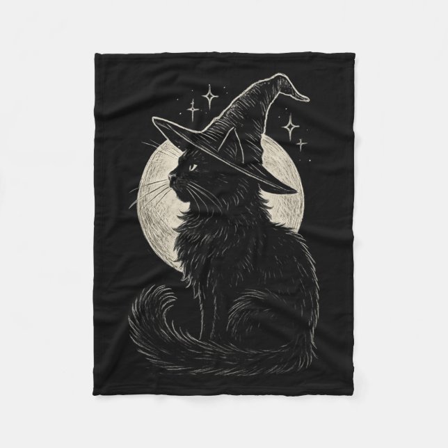 Cute Black Cat Witch Hat Moon Retro Coquette Boho  Fleece Blanket (Front)