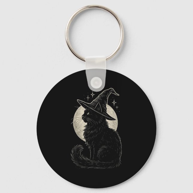 Cute Black Cat Witch Hat Moon Retro Coquette Boho  Key Ring (Front)