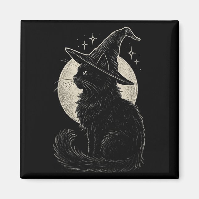 Cute Black Cat Witch Hat Moon Retro Coquette Boho  Magnet (Front)