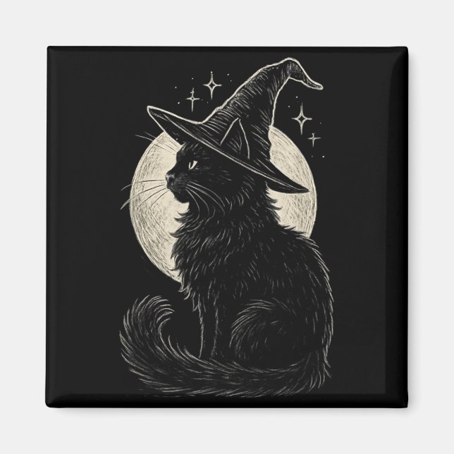 Cute Black Cat Witch Hat Moon Retro Coquette Boho Magnet (Front)
