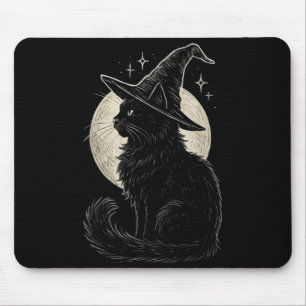 Cute Black Cat Witch Hat Moon Retro Coquette Boho Mouse Pad
