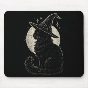 Cute Black Cat Witch Hat Moon Retro Coquette Boho  Mouse Pad