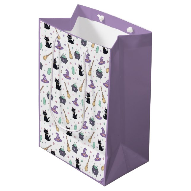 Cute Black Cat Witch Magic Halloween Present Wrap Medium Gift Bag (Front Angled)