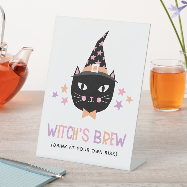 Cute Black Cat Witch Pastel Witch's Brew Halloween Pedestal Sign (In SItu)