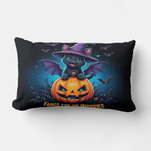 Cute Black Cat Witch Sitting on Jack O Lantern Lumbar Cushion