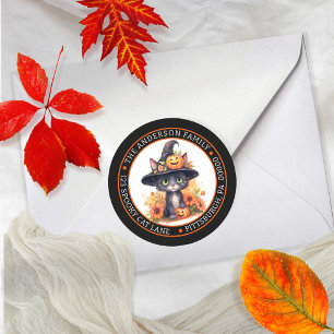 Cute Black Cat   Witches Hat Circle Return Address Classic Round Sticker