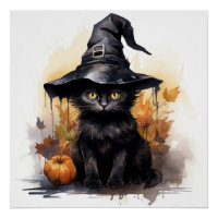 Cute Black Cat with a Big Black Hat
