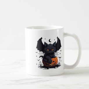 Cute Black Cat With Bat Wings Jack O Lantern Kitty Coffee Mug