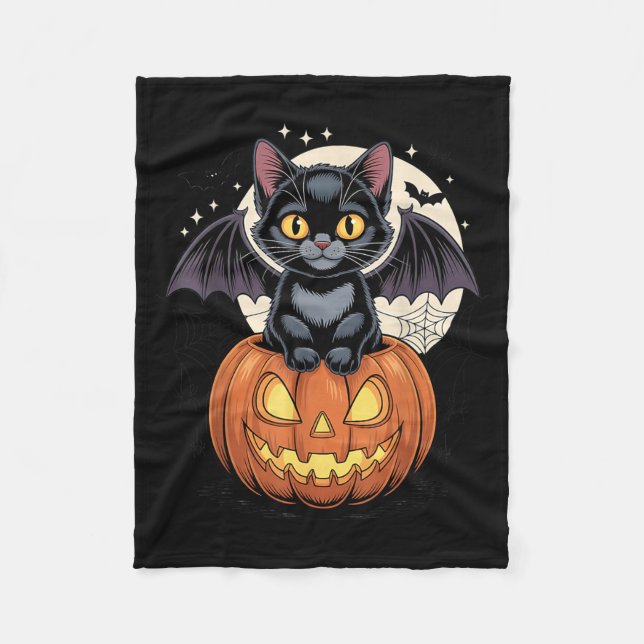 Cute Black Cat With Bat Wings Jack O Lantern Kitty Fleece Blanket (Front)