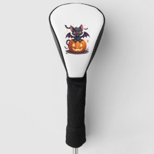 Cute Black Cat With Bat Wings Jack O Lantern Kitty Golf Head Cover