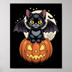 Cute Black Cat With Bat Wings Jack O Lantern Kitty Poster