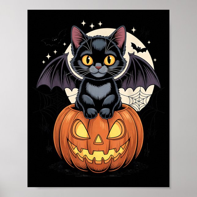 Cute Black Cat With Bat Wings Jack O Lantern Kitty Poster (Front)