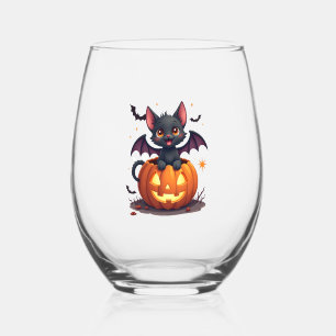 Cute Black Cat With Bat Wings Jack O Lantern Kitty Stemless Wine Glass