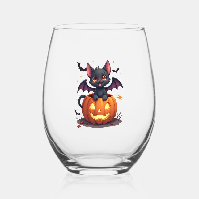 Cute Black Cat With Bat Wings Jack O Lantern Kitty Stemless Wine Glass (Front)