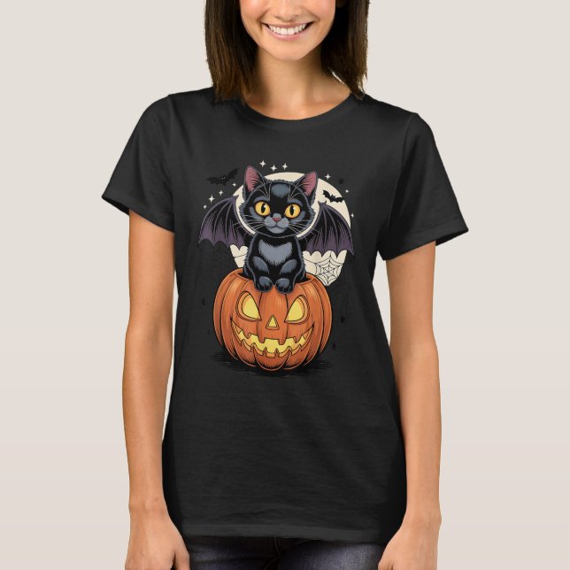 Cute Black Cat With Bat Wings Jack O Lantern Kitty T-Shirt (Front)
