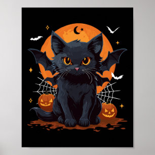 Cute Black Cat With Bat Wings Pumpkin Women Men Ha Poster