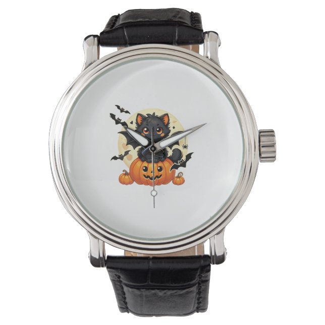 Cute Black Cat With Bat Wings Pumpkin Women Men Ha Watch (Front)