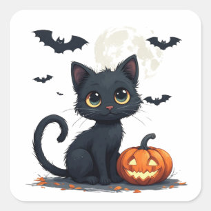 Cute Black Cat With Bats Halloween 🎃 Square Sticker