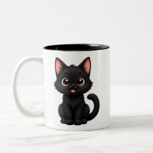 Cute Black Cat with Big Golden Eyes- Cute Kitty Two-Tone Coffee Mug