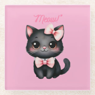 Cute Black Cat with Bow for Halloween Decoration Glass Coaster