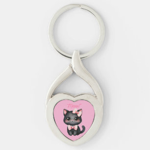 Cute Black Cat with Bow for Halloween Decoration Key Ring