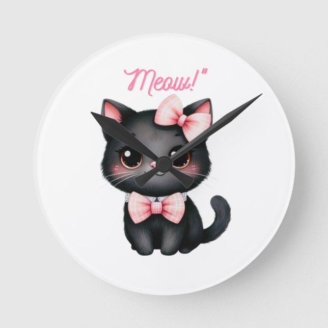 Cute Black Cat with Bow for Halloween Decoration Round Clock (Front)
