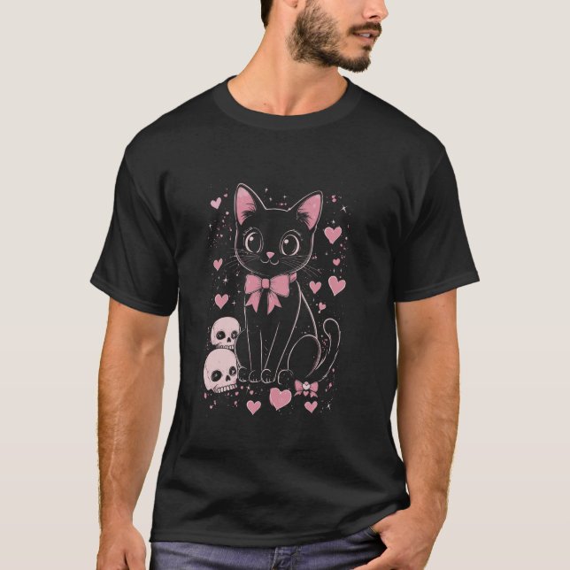 Cute Black Cat with Bow - Gothic T-Shirt (Front)