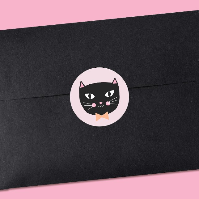 Cute Black Cat with Bow Tie Halloween Birthday Classic Round Sticker (Creator Uploaded)