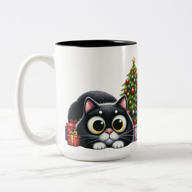 CUTE BLACK CAT WITH CHRISTMAS TREE Two-Tone COFFEE MUG (Left)