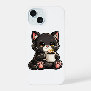 Cute Black Cat with Coffee iPhone 15 Case