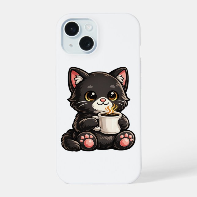 Cute Black Cat with Coffee iPhone 15 Case (Back)