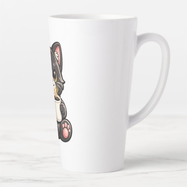 Cute Black Cat with Coffee Latte Mug (Right)