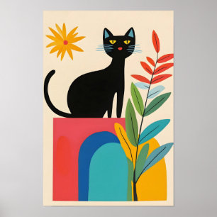 Cute Black cat with Colorfull Flower Poster
