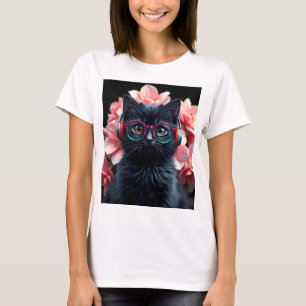 Cute black cat with glasses and headphones T-Shirt