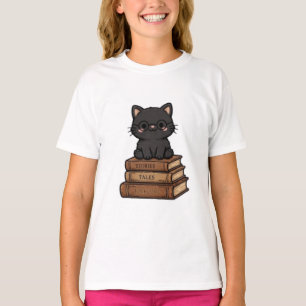 Cute Black Cat With Glasses On Books - Book Lover T-Shirt