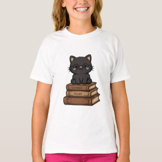 Cute Black Cat With Glasses On Books - Book Lover T-Shirt