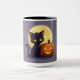 Cute Black Cat with Glowing Carved Pumpkin Mug