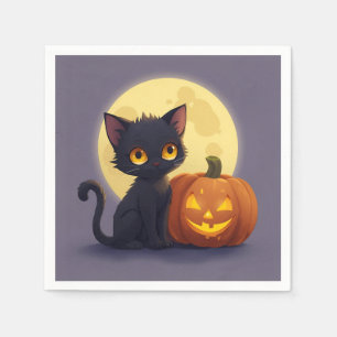 Cute Black Cat with Glowing Carved Pumpkin Napkin
